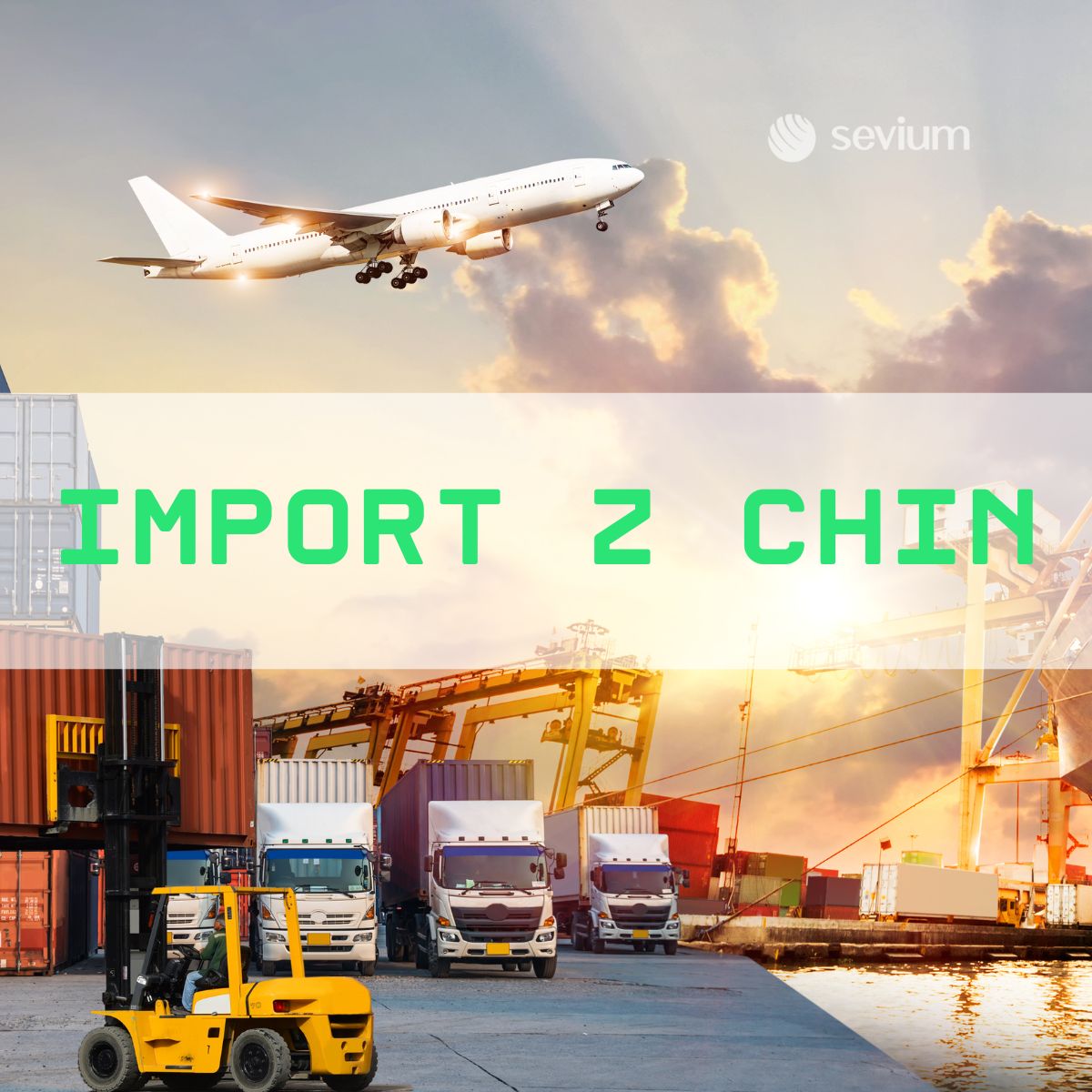 Import z Chin do Europy przedstawiony wizualnie jako połączenie transportu lotniczego, morskiego i drogowego. Artykuł SEVIUM o kosztach i dostępności frachtu